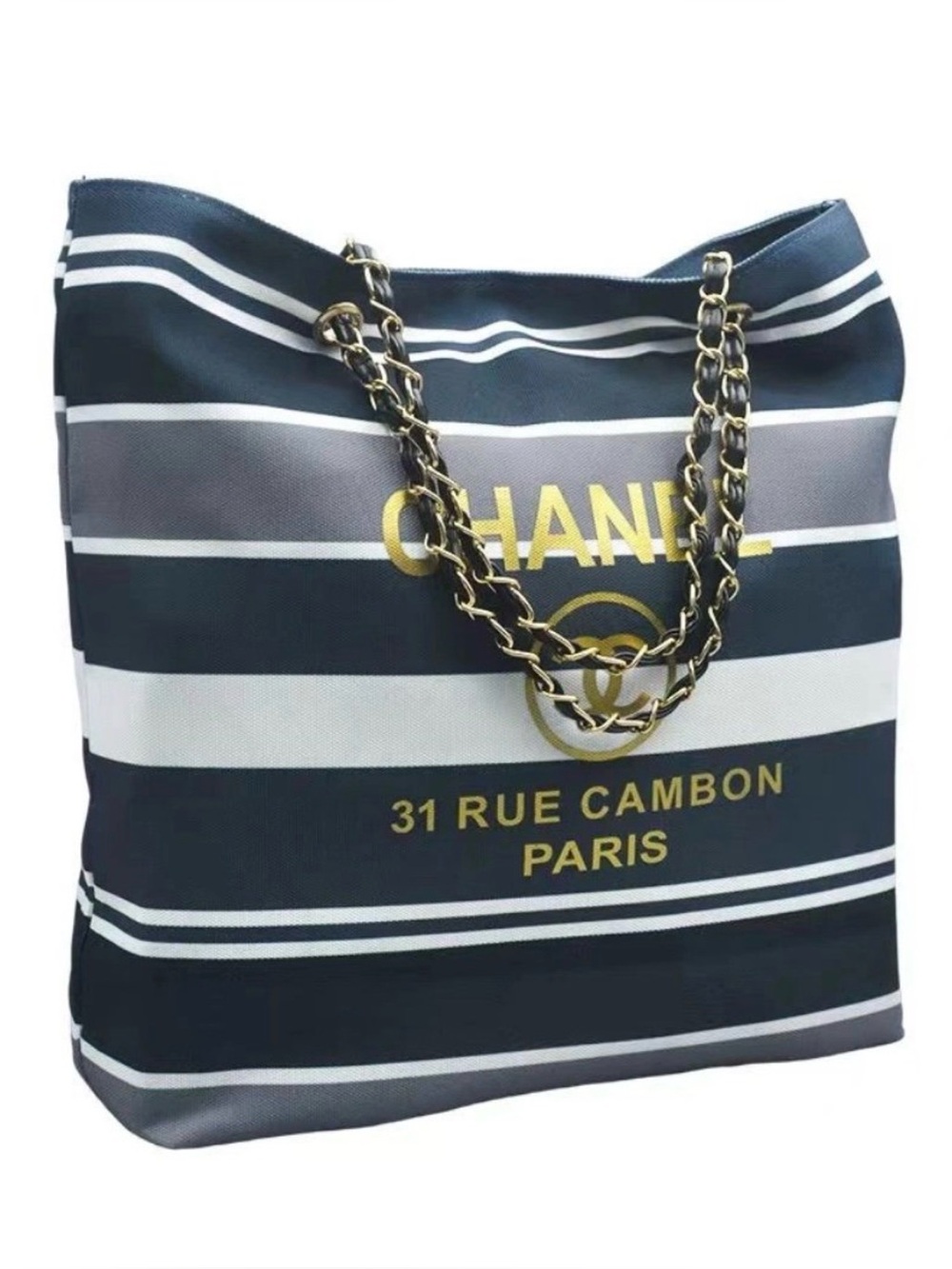 CHANEL Blue and White Striped Tote